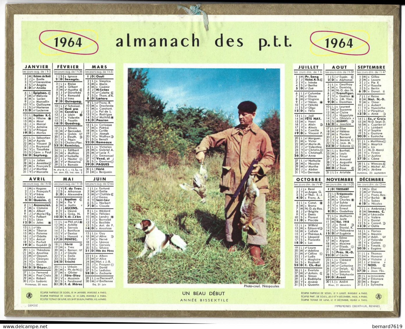 Almanach  Calendrier  P.T.T  -  La Poste -  1964 - Chasse - Un Beau Debut - Grand Format : 1961-70