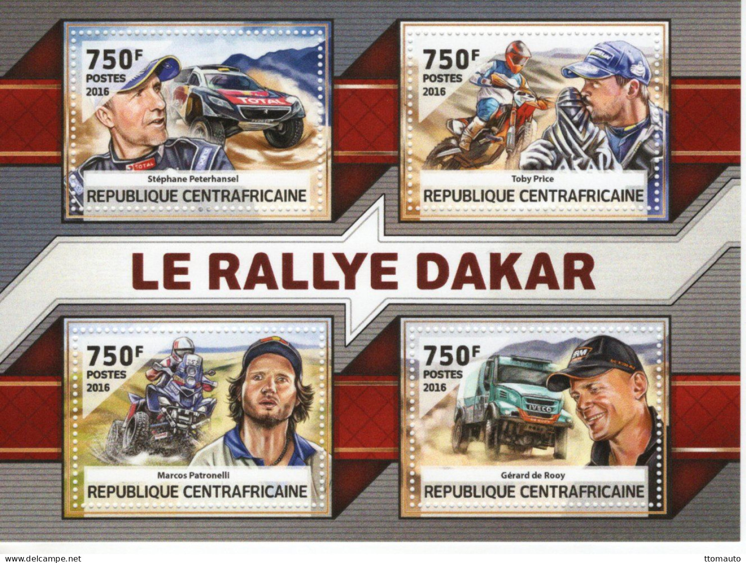 Rep.Centrafricaine 2016 - Le Rallye Dakar - Peterhansel-Price-Patronelli-de Rooy -  4v Neuf/Mint/MNH - Automobile