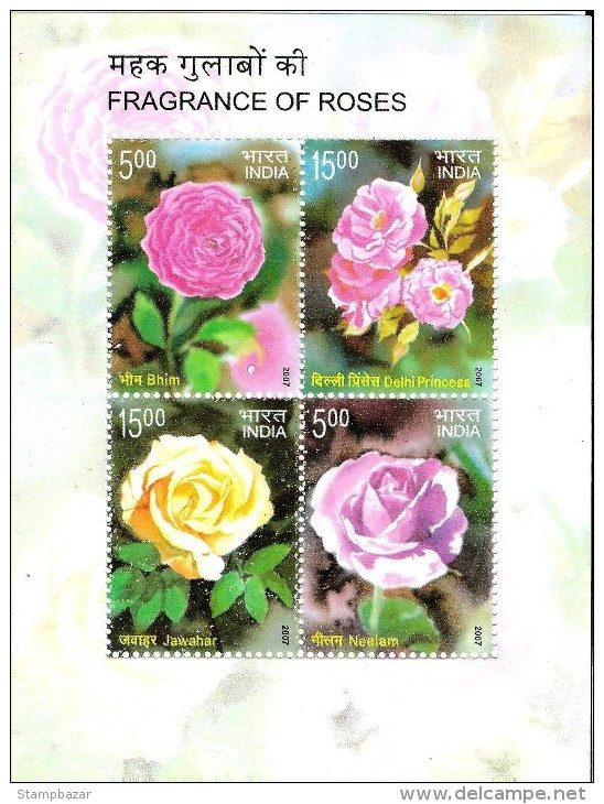 INDIA 2007 INDE INDIEN ROSES FLORA FLOWERS FRAGRANT AROMATIC AROMA SCENTED SOUVENIR SHEET MINIATURE MNH - Ungebraucht