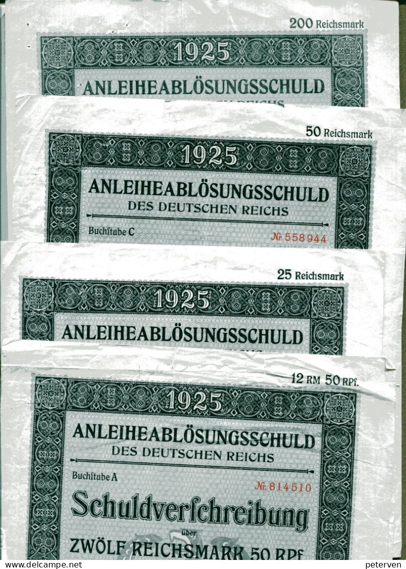 4x Schuldverschreibung Des Deutschen Reichs Von 1925 (12,50, 25, 50 & 200 Reichsmark) - Banque & Assurance