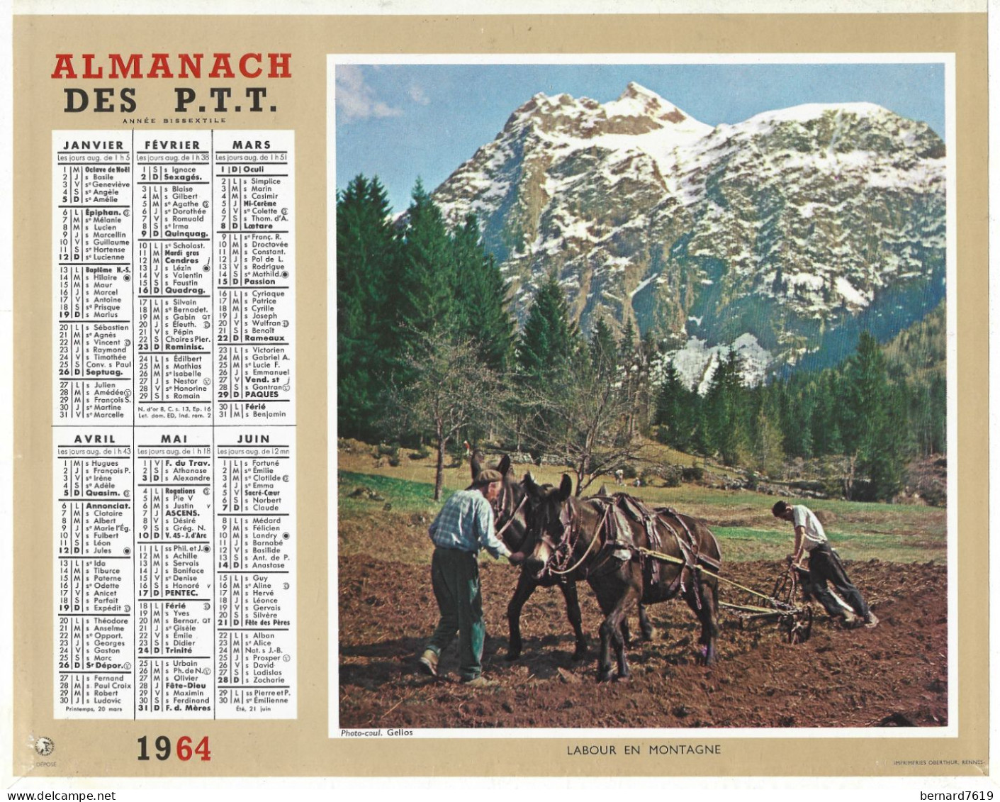 Almanach  Calendrier  P.T.T  -  La Poste -  1964 - Labour En Montagne -  Printemps En Savoie - Grossformat : 1961-70