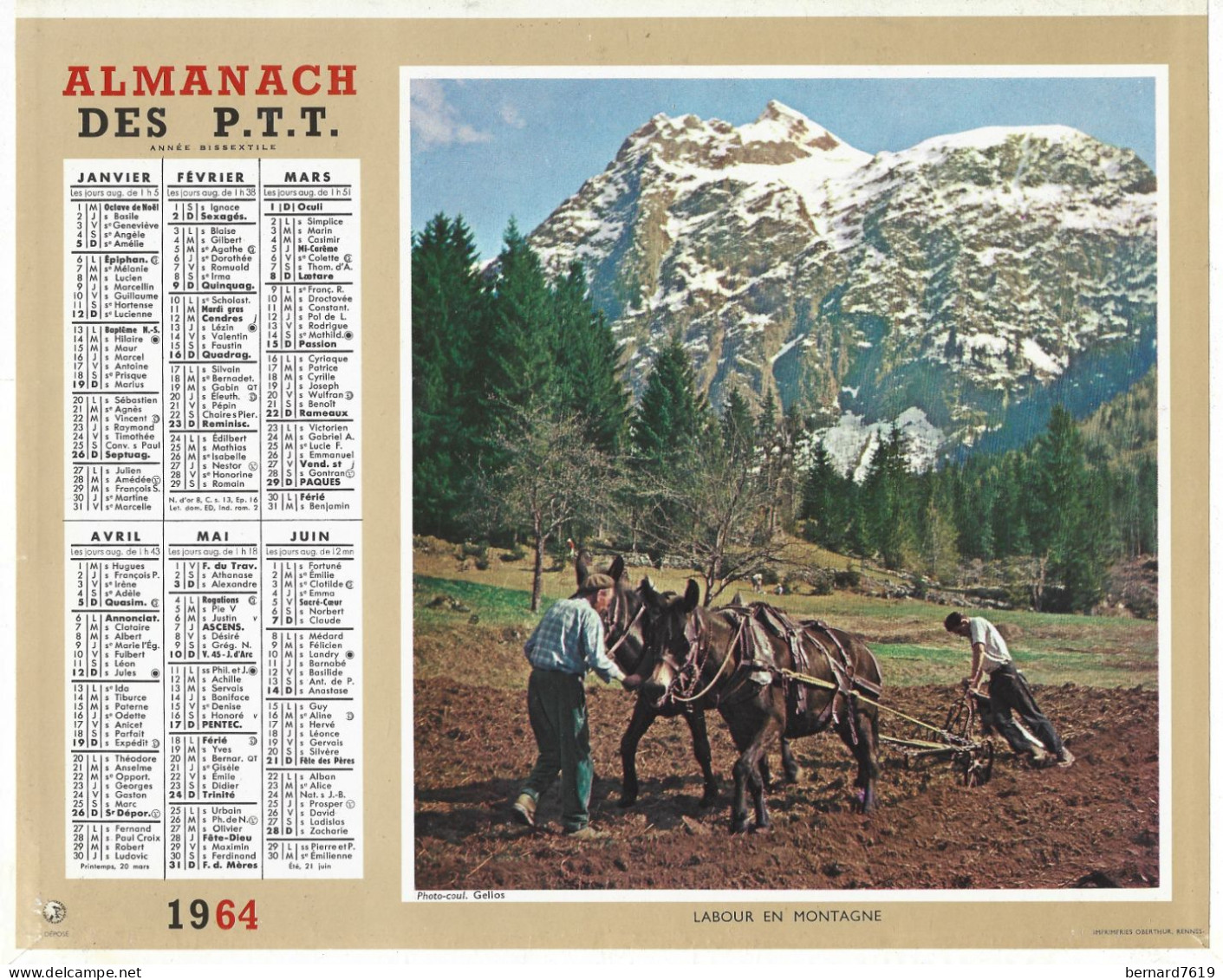 Almanach  Calendrier  P.T.T  -  La Poste -  1964 - Labour En Montagne -  Printemps En Savoie - Big : 1961-70