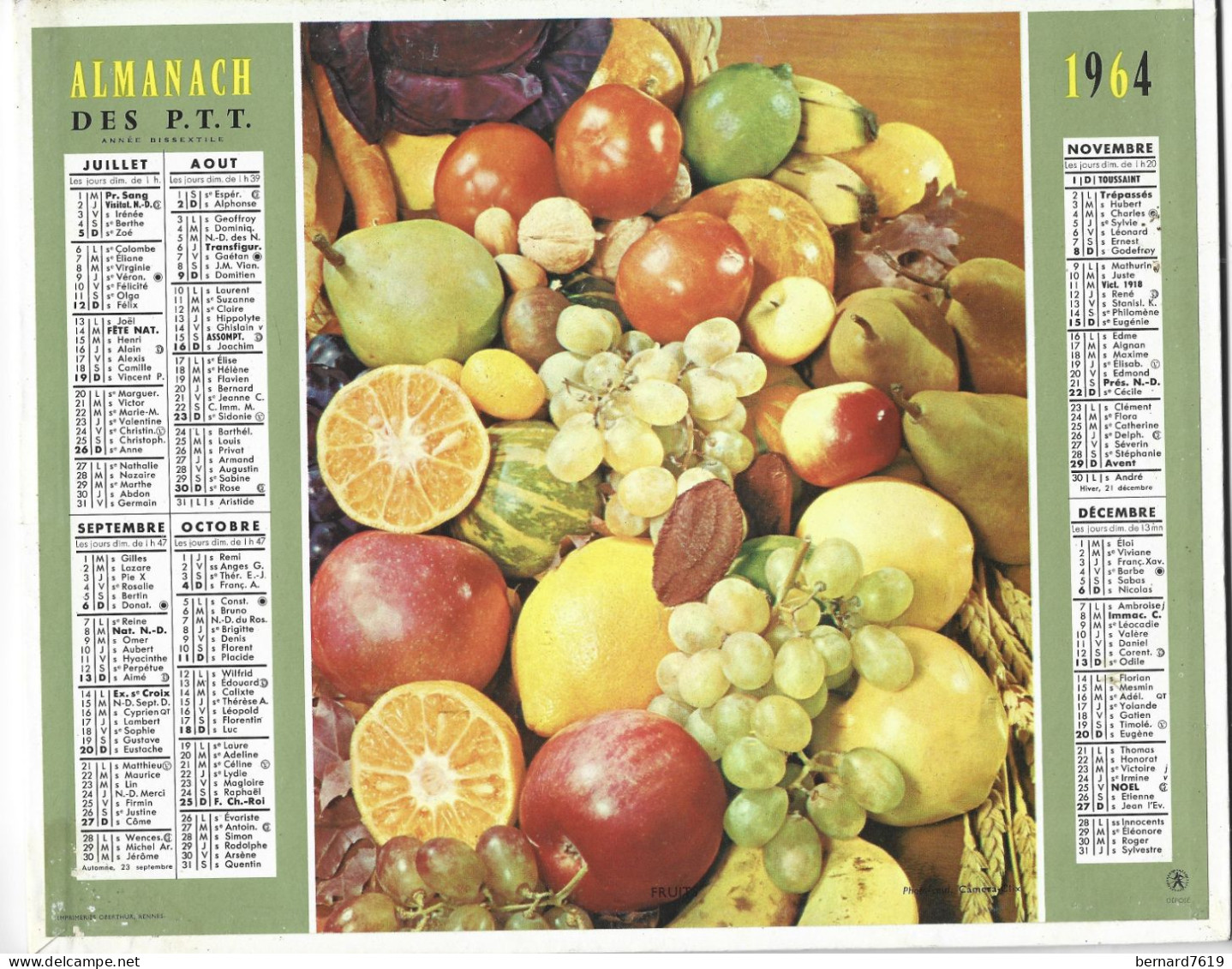 Almanach  Calendrier  P.T.T  -  La Poste -  1964 - Fleurs - Fruits - Big : 1961-70
