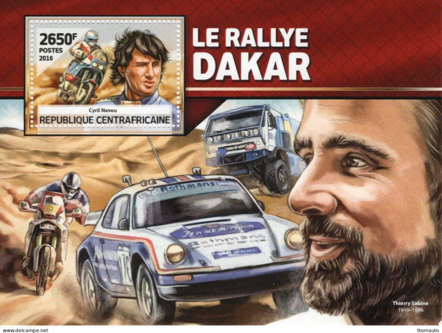 Rep.Centrafricaine 2016 - Le Rallye Dakar - Thierry Sabine-Cyril Neveu- Porsche -  1v Sheet Neuf/Mint/MNH - Auto's