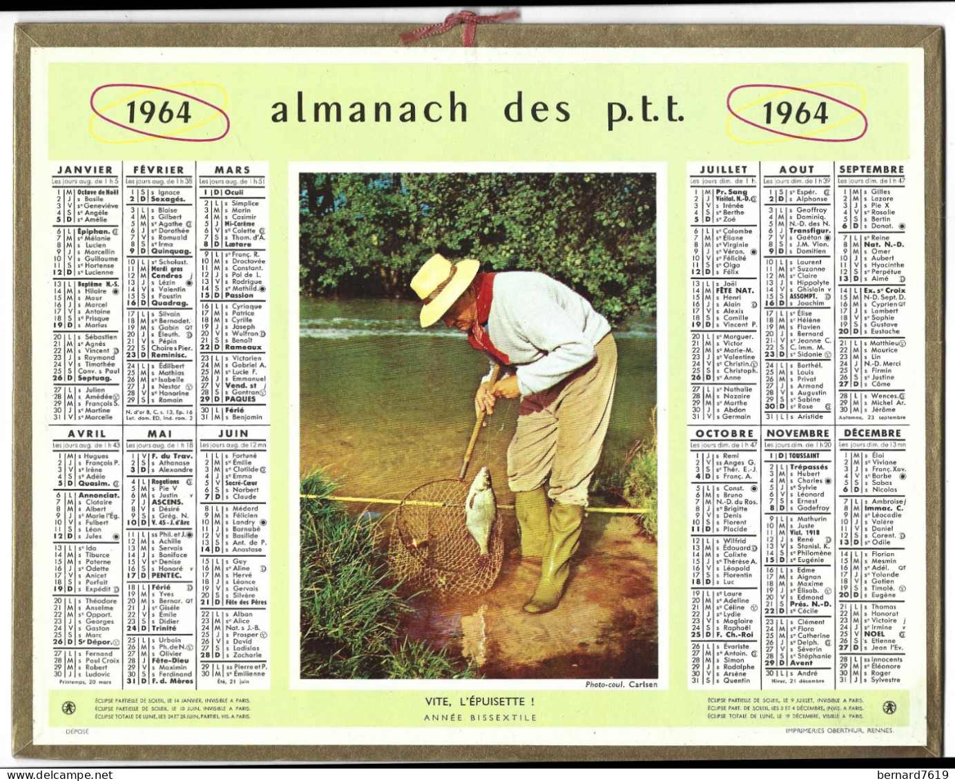 Almanach  Calendrier  P.T.T  -  La Poste -  1964 - Peche - Vite L'epuisette - Grand Format : 1961-70