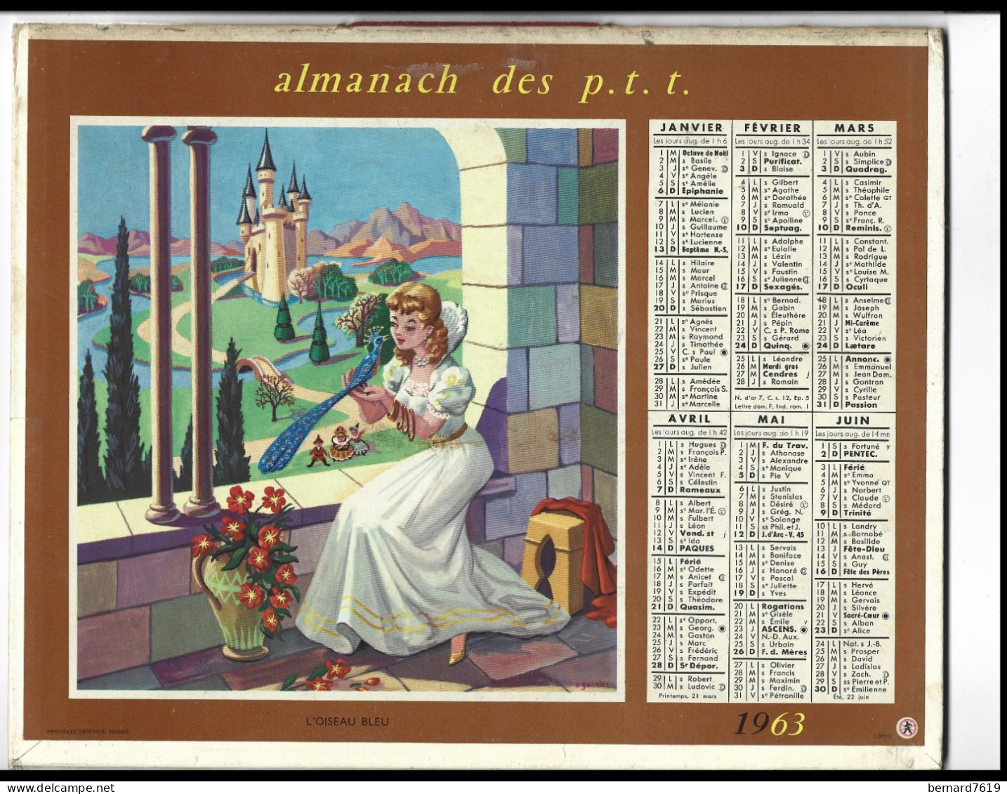 Almanach  Calendrier  P.T.T  -  La Poste -  1963 -  L'oiseau Bleu - Barb Bleue - Tamaño Grande : 1961-70