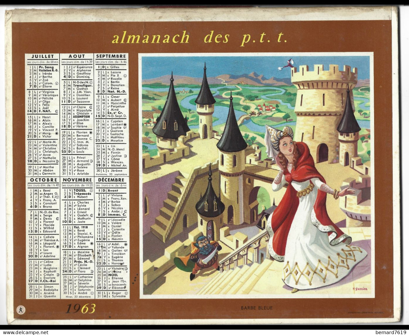 Almanach  Calendrier  P.T.T  -  La Poste -  1963 -  L'oiseau Bleu - Barb Bleue - Big : 1961-70