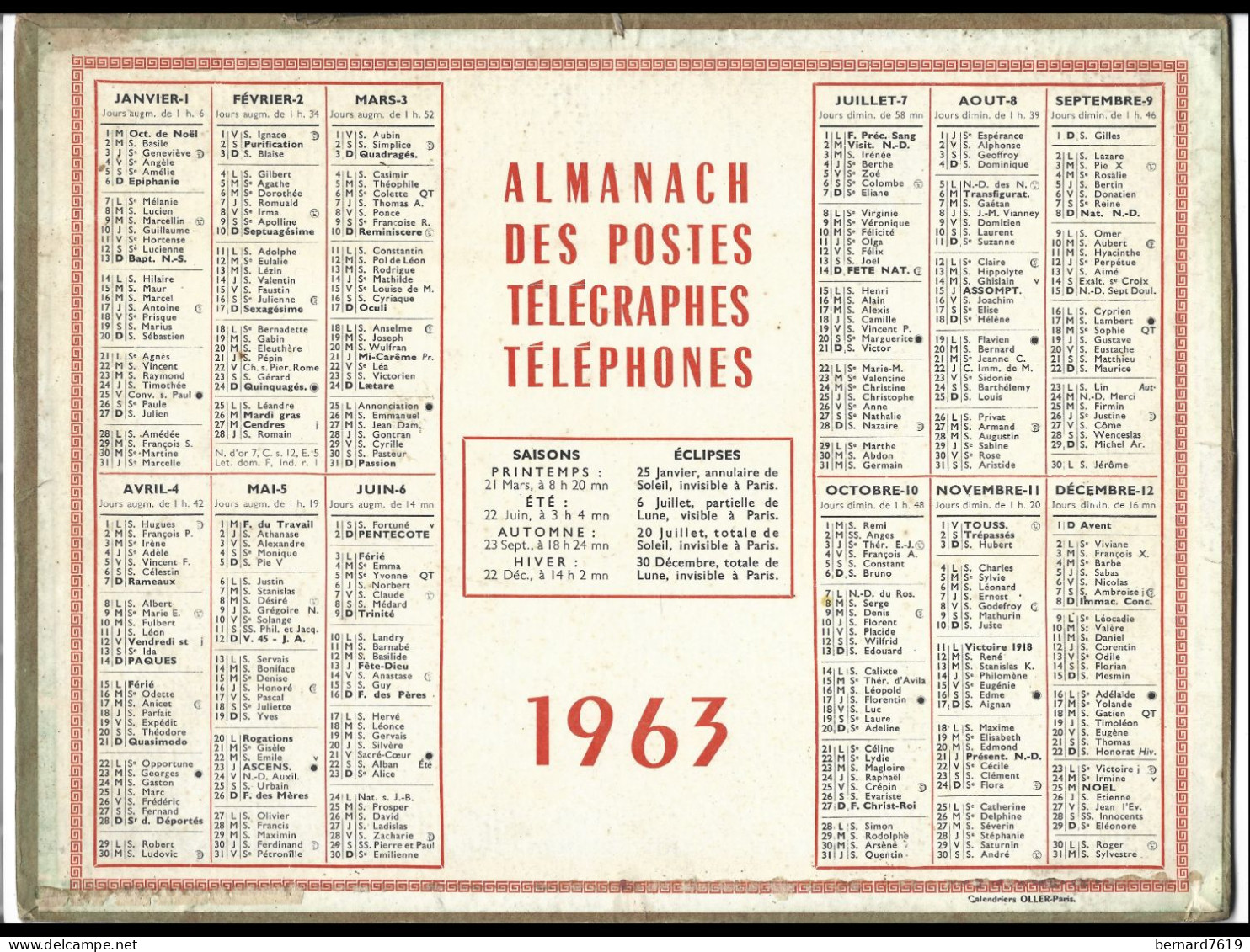 Almanach  Calendrier  P.T.T  -  La Poste -  1963 - - Big : 1961-70