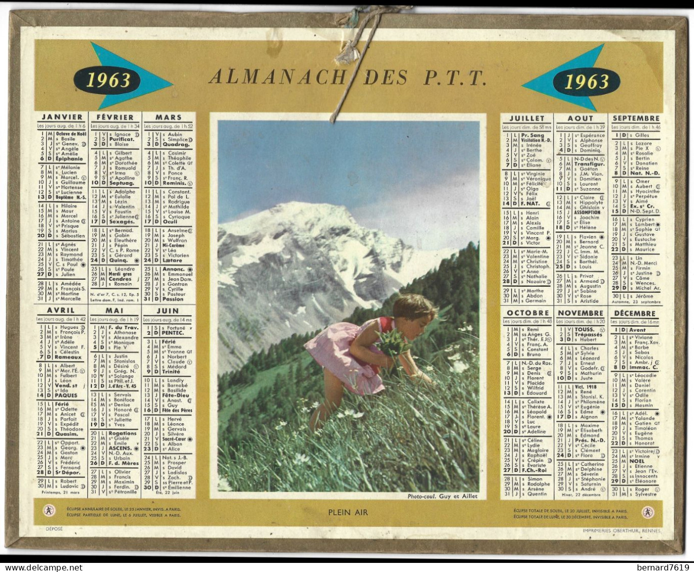 Almanach  Calendrier  P.T.T  -  La Poste -  1963 - Plein Air - Big : 1961-70