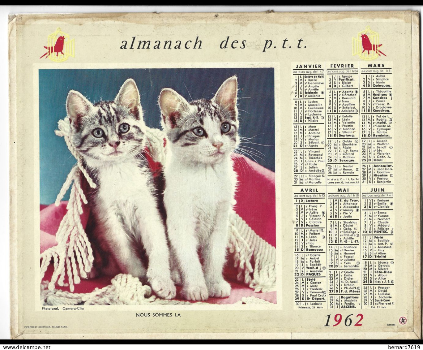 Almanach  Calendrier  P.T.T  -  La Poste -  1962 -  Chats - Chiens - Nous Sommes La - Groot Formaat: 1961-70