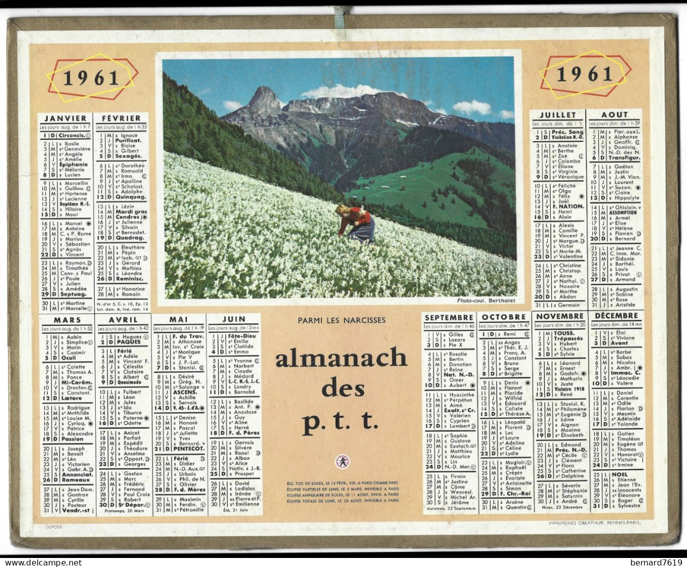 Almanach  Calendrier  P.T.T  -  La Poste -  1961 - Parmi Les Narcisses - Groot Formaat: 1961-70