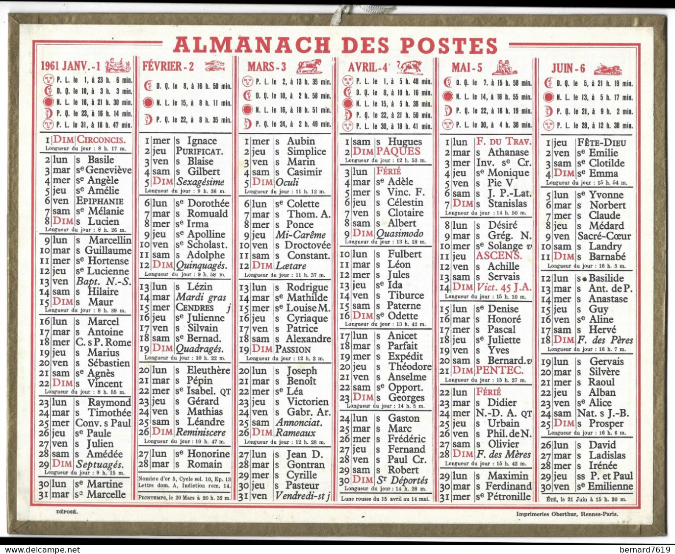 Almanach  Calendrier  P.T.T  -  La Poste -  1961 - - Tamaño Grande : 1961-70