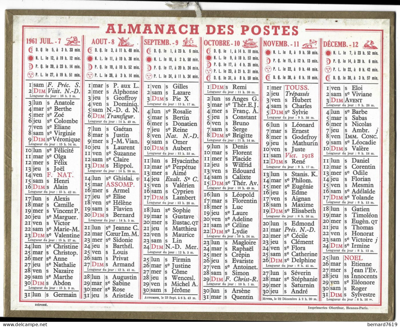 Almanach  Calendrier  P.T.T  -  La Poste -  1961 - - Groot Formaat: 1961-70