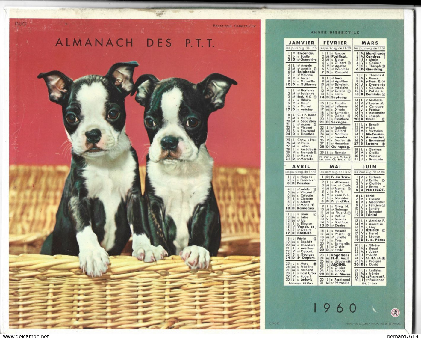 Almanach  Calendrier  P.T.T  -  La Poste -  1960 - Chiens  - Chat - Tamaño Grande : 1961-70