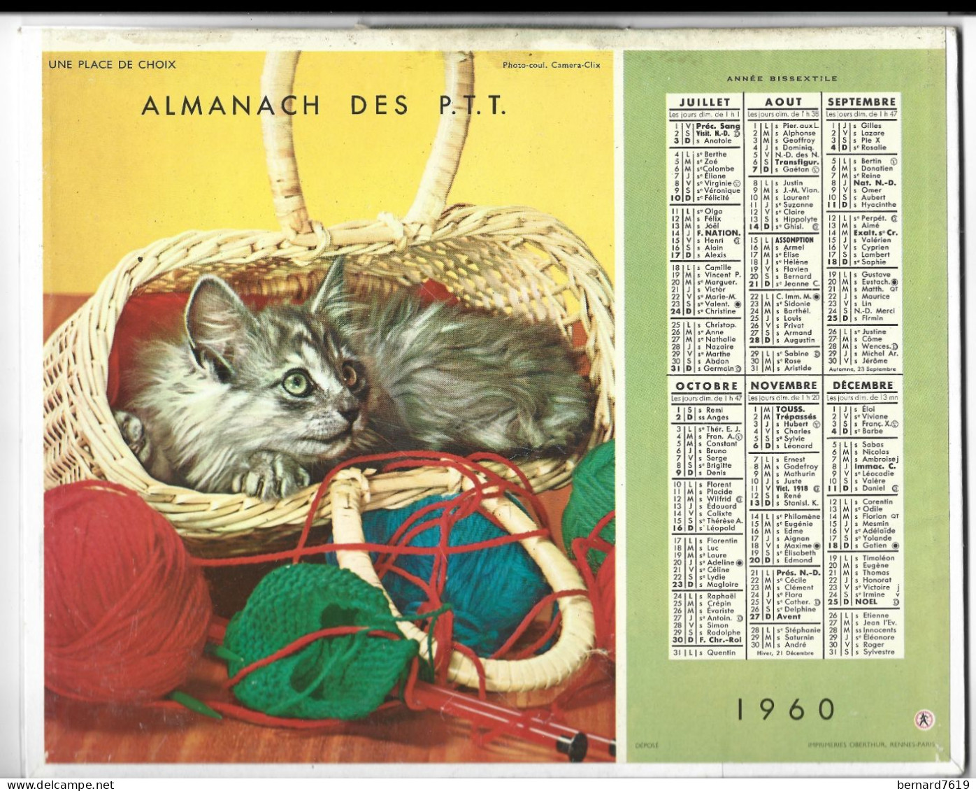 Almanach  Calendrier  P.T.T  -  La Poste -  1960 - Chiens  - Chat - Grossformat : 1961-70