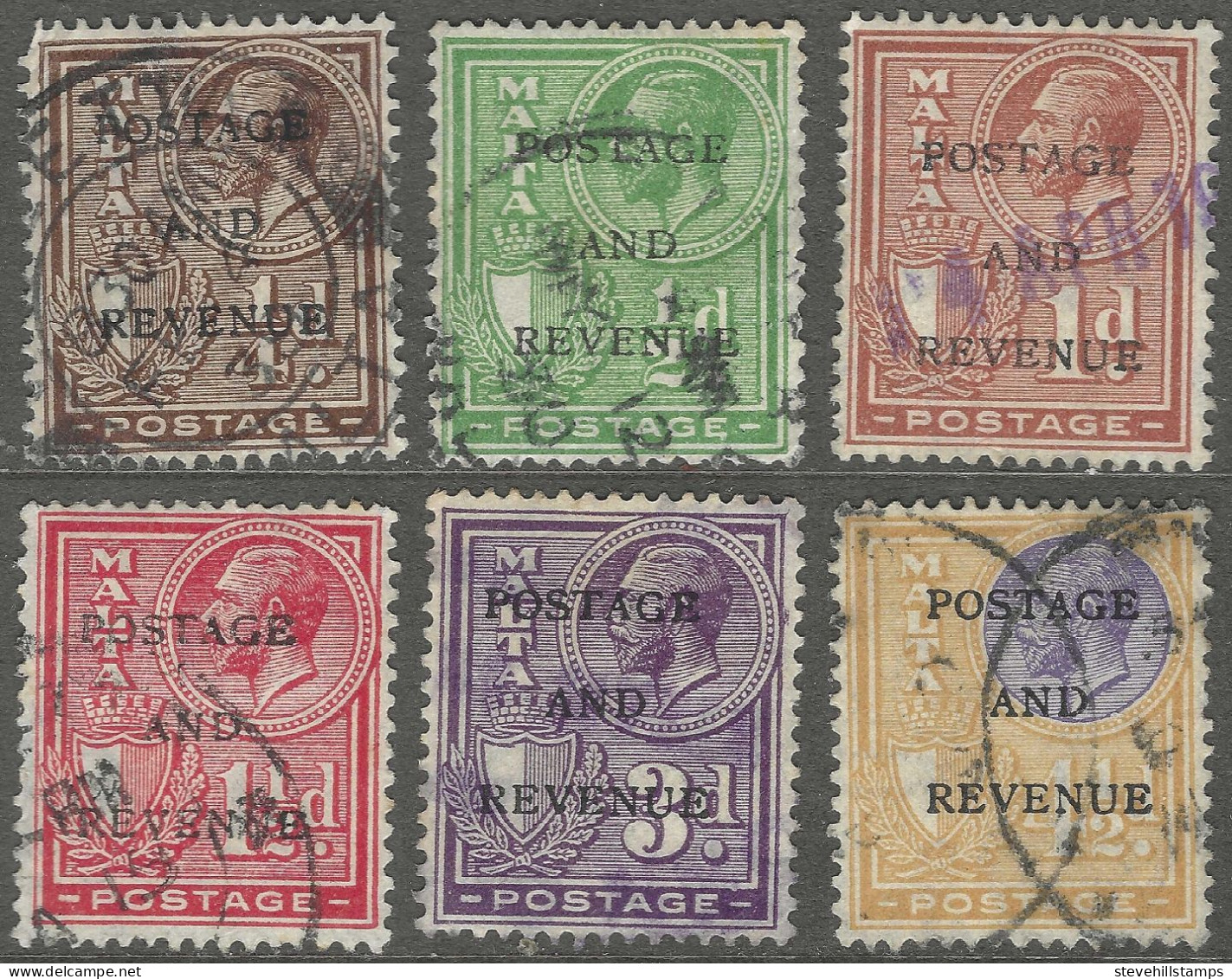 Malta. 1928 KGV Postage And Revenue Overprints. 6 Used Values (¼d, ½d, 1d, 1½d, 3d, 4½d). SG 174etc. M2157 - Malta