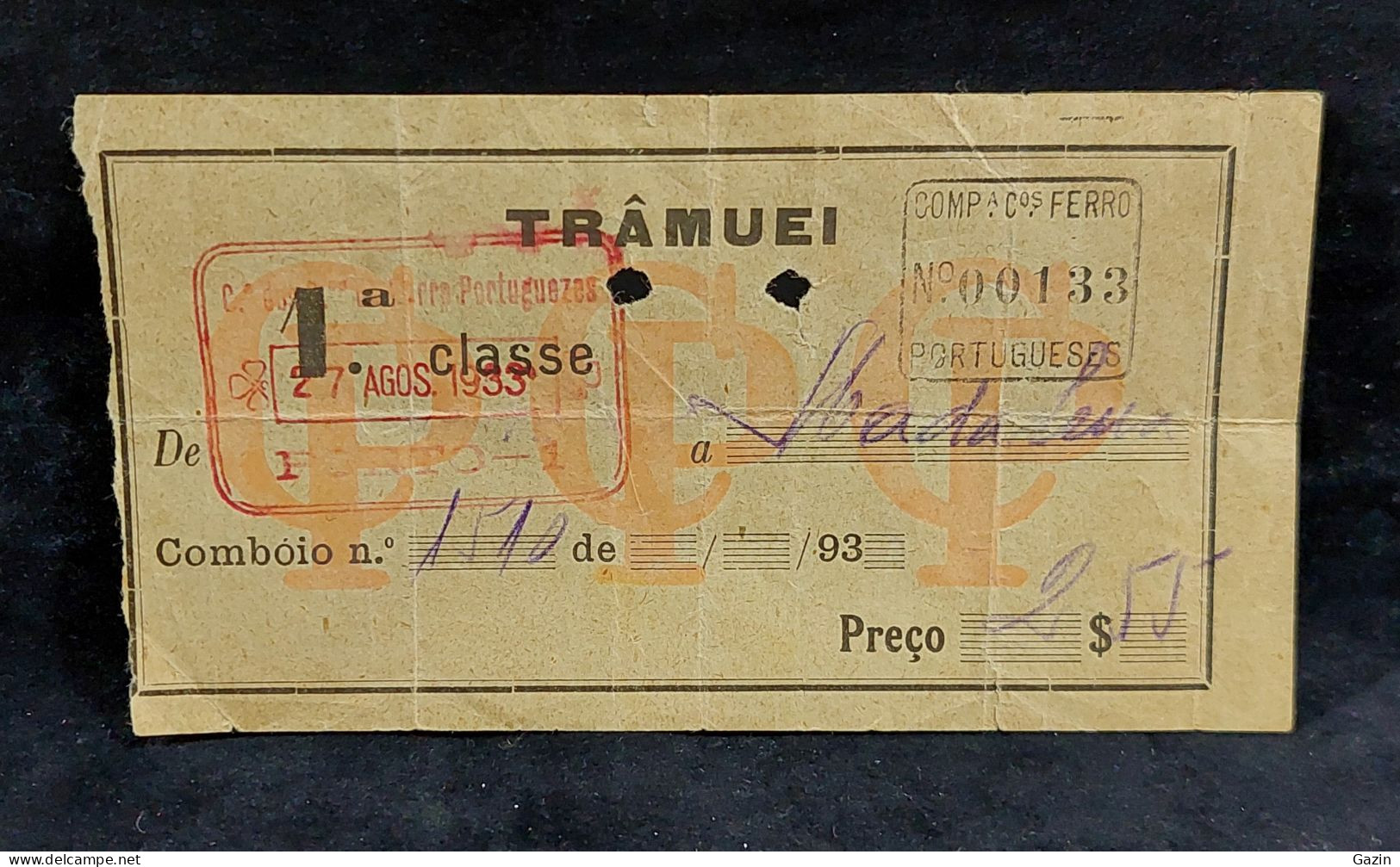 C6/11 - Bilhete * Tâmuei * Companhia Caminhos Ferro Portugueses * 1933 * Portugal - Europe