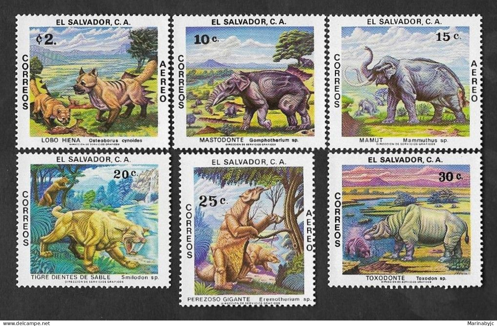 SE)1979 EL SALVADOR, PREHISTORIC ANIMALS, HYENA WOLF, MASTODON, MAMMOTH, SABER-TOOTHED TIGER, SLOTH & TOXODONT, 6 MINT S - Salvador