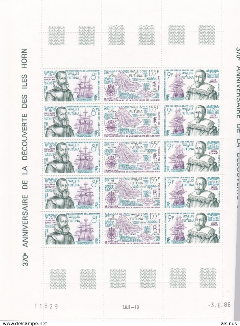 WALLIS ET FUTUNA - 1986 - DECOUVERTE DES ILES HORN - N° 346A - FEUILLET DE 5 BANDES DES 3 TIMBRES - Ongebruikt