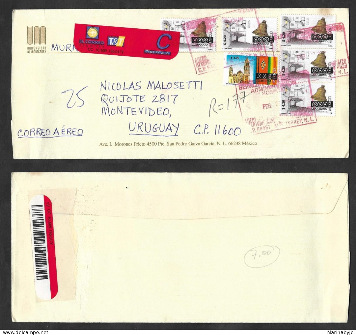 SE)2001 MEXICO, 5 STAMPS FROM CAMPUZANO, GUANAJUATO & CATEDRAL, COAHUILA, CERTIFIED COVER, CIRCULATED FROM MEXICO D. F. - Mexico