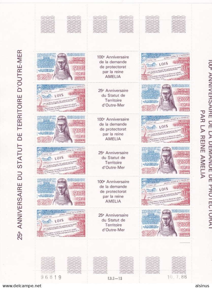 WALLIS ET FUTUNA - POSTE AERIENNE -1986 - N° 152A - PROTECTORAT PAR LA REINE AMELIA - FEUILLET DE 6 BANDES DES 3 TIMBRES - Neufs