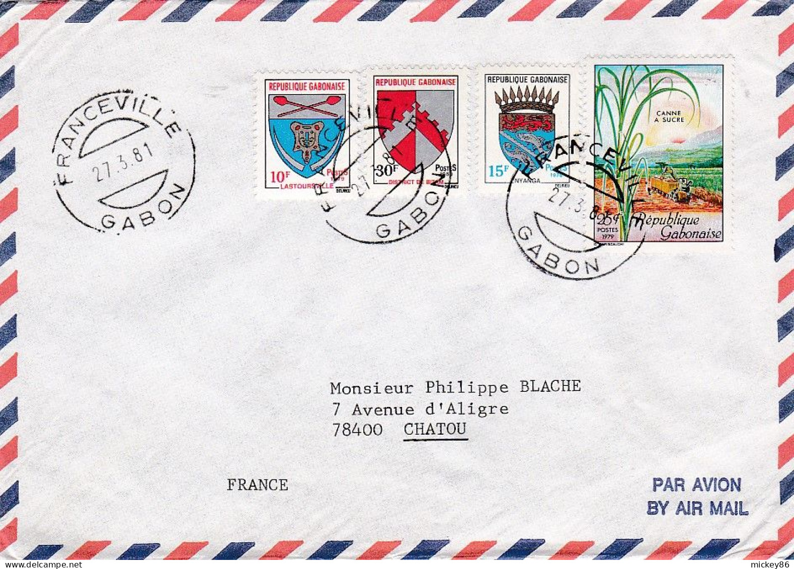 GABON -1981 -Lettre FRANCEVILLE  à CHATOU-78 (France) Timbres " Canne à Sucre - Blasons " Sur Lettre...... Cachet. - Gabon (1960-...)