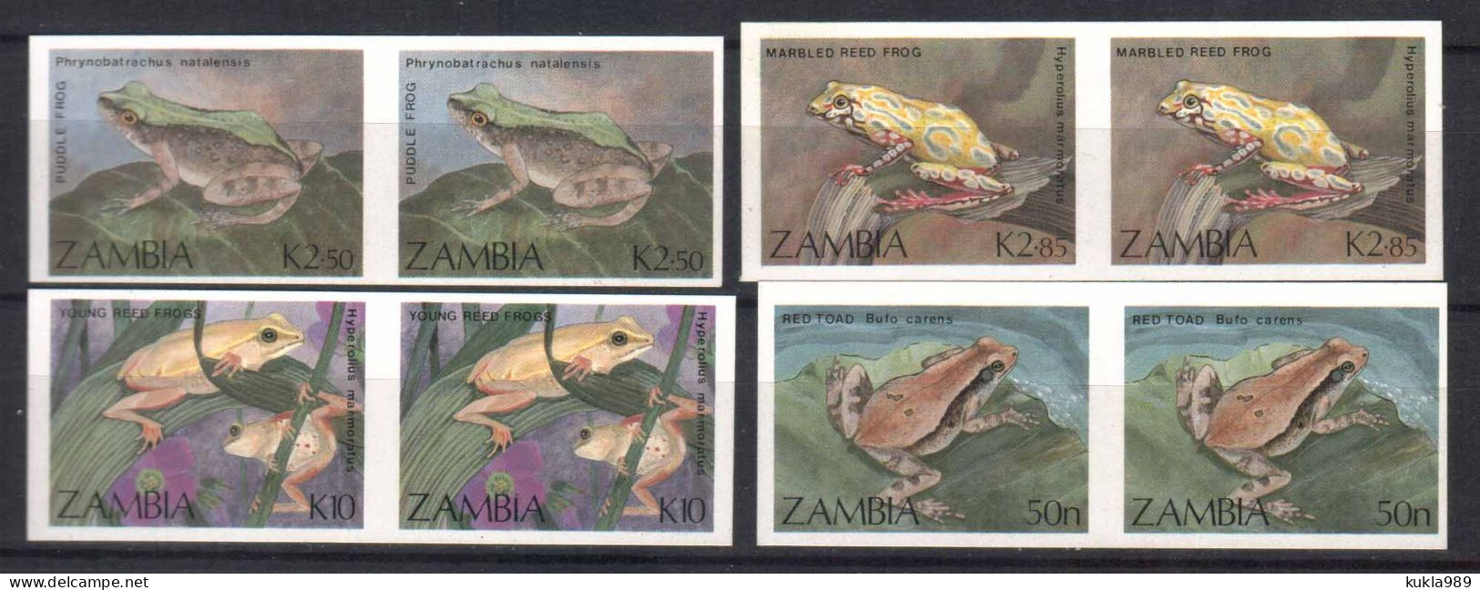 ZAMBIA STAMPS, 1989, Sc.#462-464. FROGS & TOADS. IMPERF. PAIRS, MNH - Zambie (1965-...)
