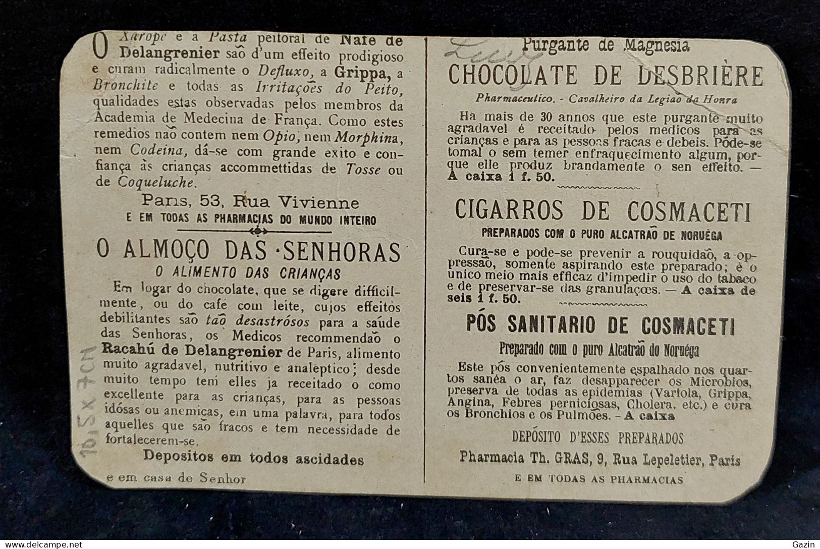 C6/11 - Publicidade * * Chocolate De Desbrière * Pharmacia Th.Gras * Paris * France * Portugal - Portogallo