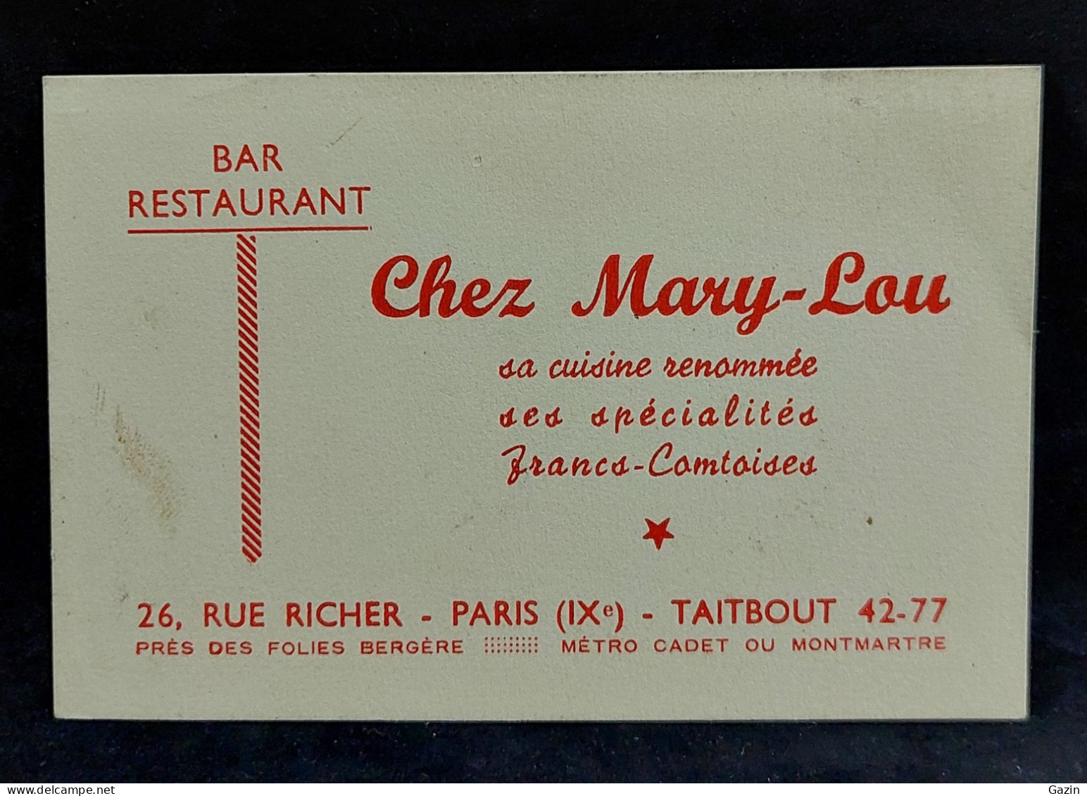 C6/11 - Publicidade * Bar Restaurant Chez Mary - Lou * Paris * France * Portugal - Portogallo