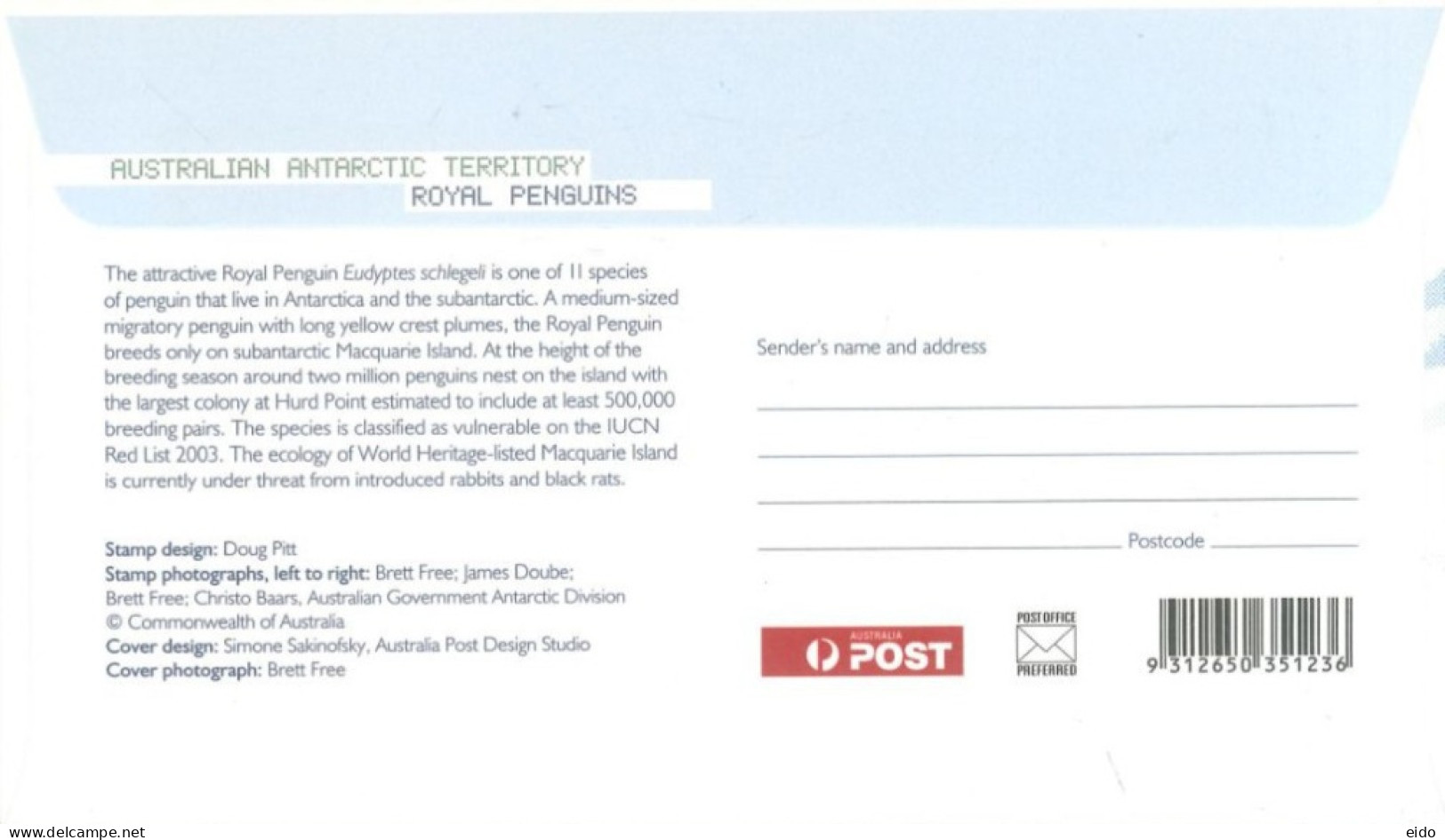 AUSTRALIA  : 2007, FDC STAMPS OF AUSTRALIAN ANTARCTIC TERRITORY, ROYAL PENGUINS. - Lettres & Documents