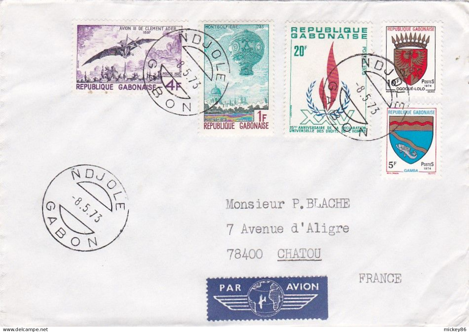 GABON -1973 -Lettre NDJOLE  à CHATOU-78 (France) Timbres (avion,montgolfière,blasons)  Sur Lettre...... Cachet. - Gabón (1960-...)