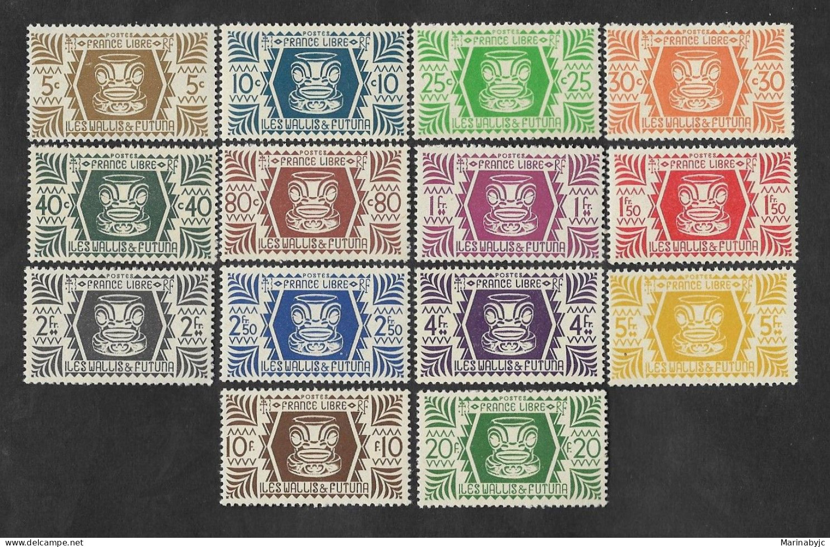 SE)1944 FRENCH COLONIES, FROM THE WALLIS AND FUTUNA SERIES, VARIETY OF COLORS, 14 MNH STAMPS - Gebraucht