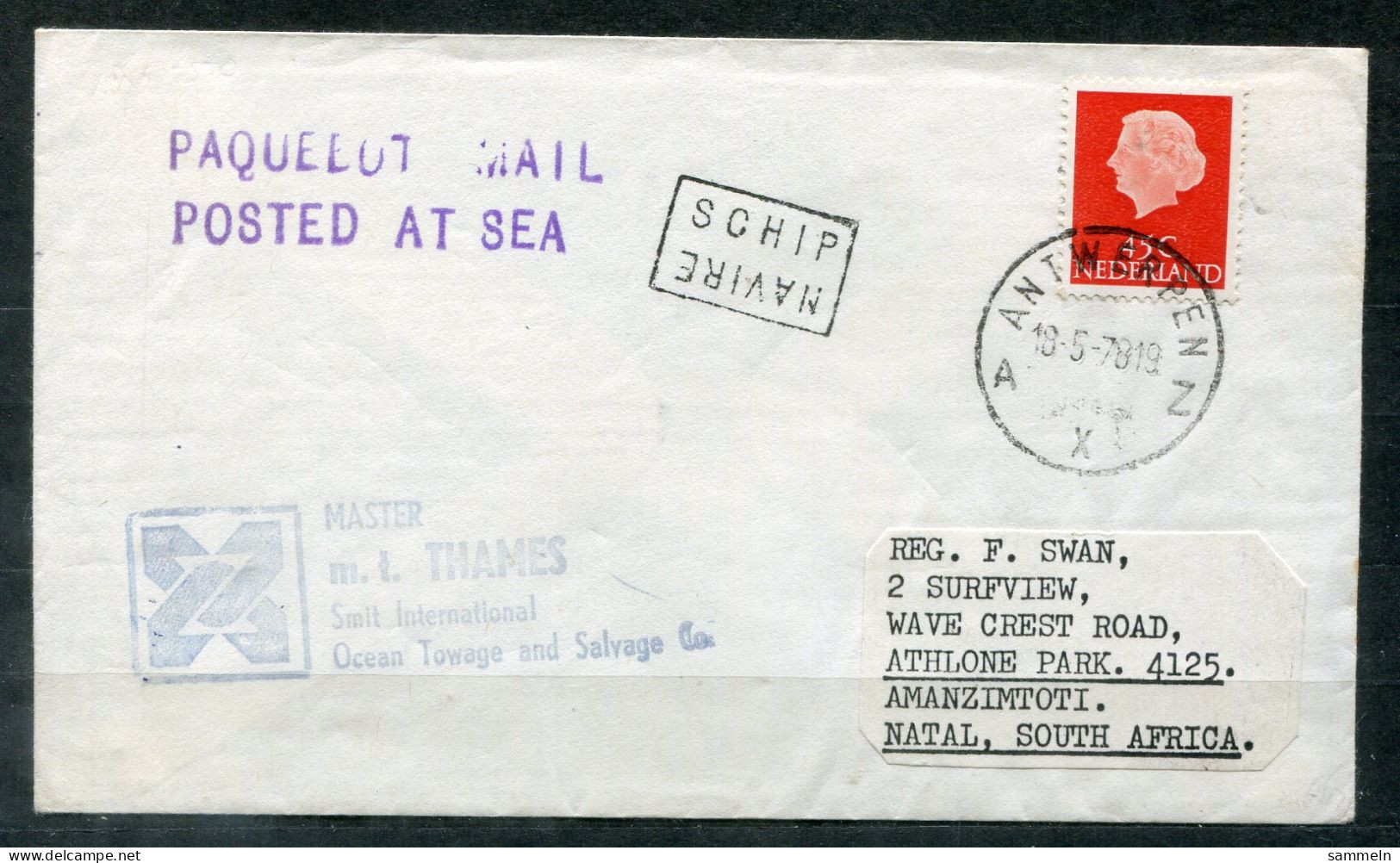 NIEDERLANDE - Schiffspost, Paquebot, Navire, Ship Letter, Ost. ANtwerpen + Cachet M.t.Thames - NETHERLANDS - Storia Postale