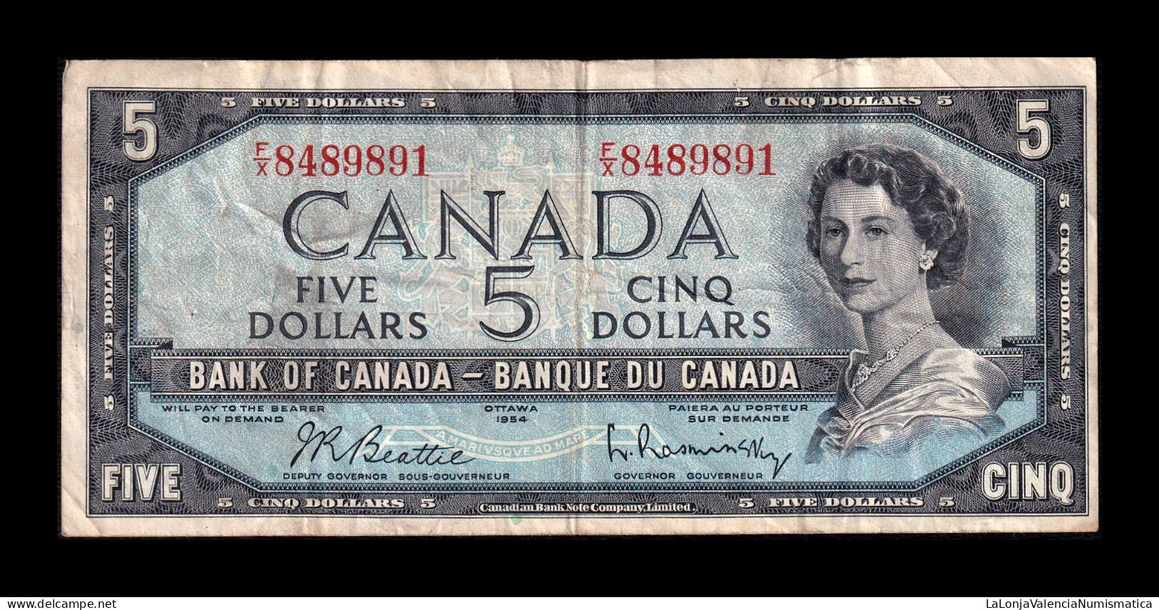 Canadá 5 Dollars Elizabeth II 1954 Pick 77b Mbc Vf - Canada