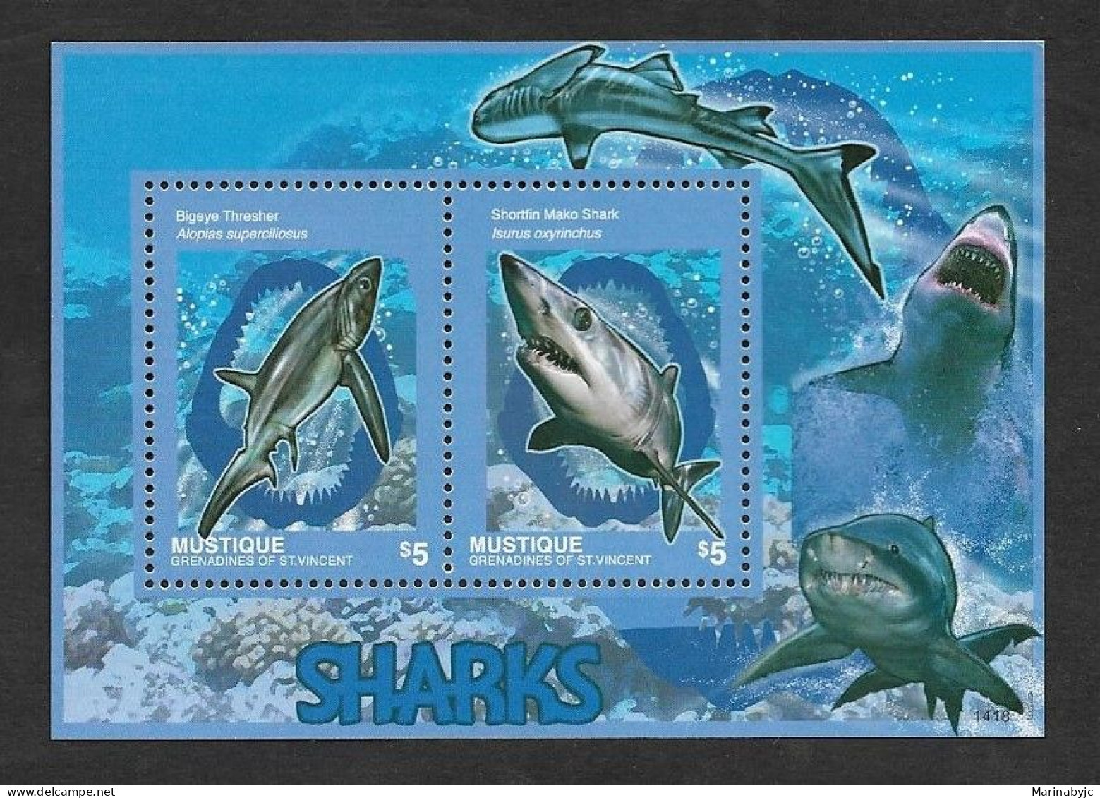 SE)2009 MUSTIQUE, MARINE FAUNA, SHARKS, SS, MNH - West Indies