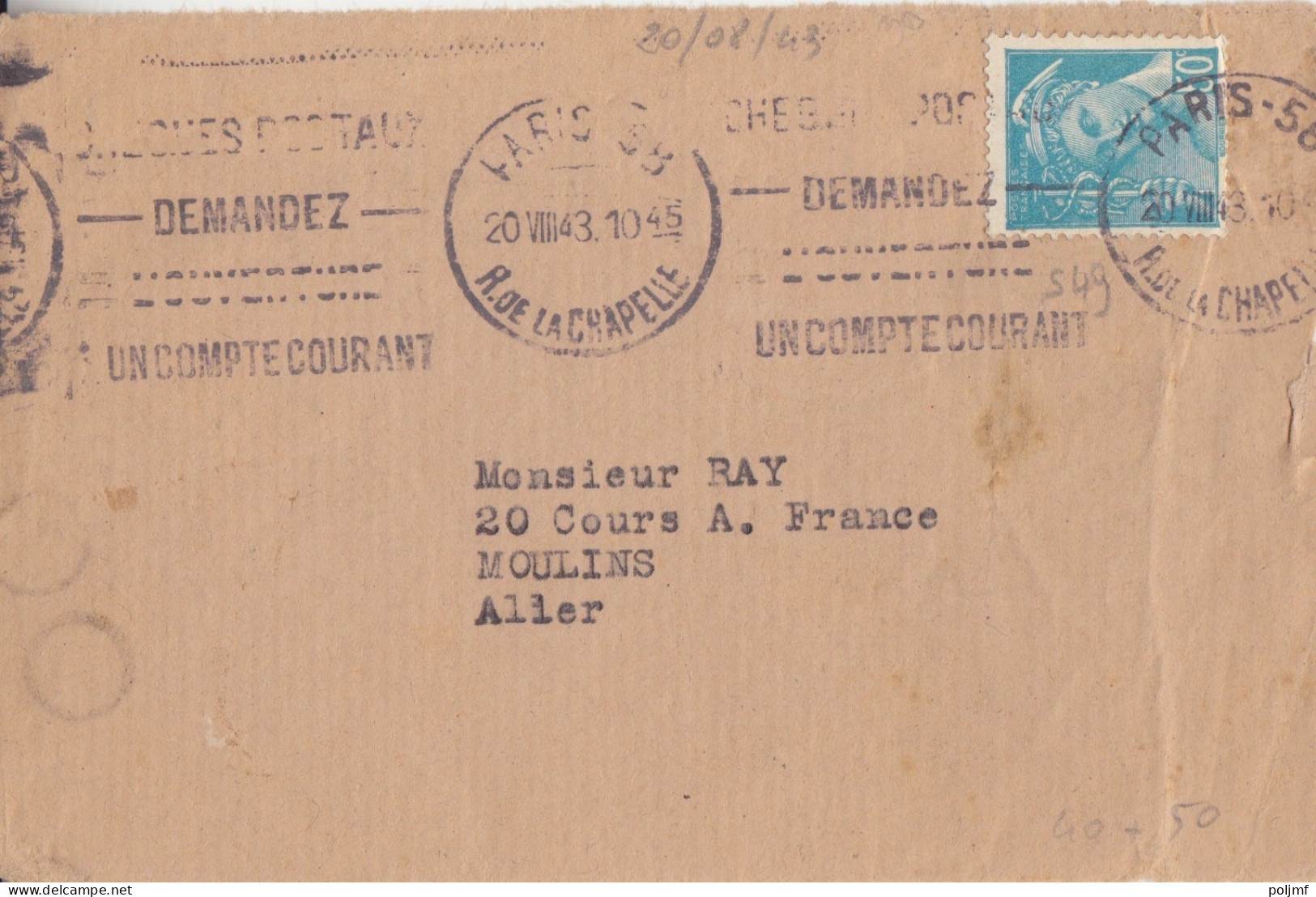 Dvt. De Lettre Obl. Krag Paris 58 Le 20 VIII 43 Sur 50c Mercure N° 549 (tarif Imprimés Du 5/1/42) Pour Moulins - 1938-42 Mercurius