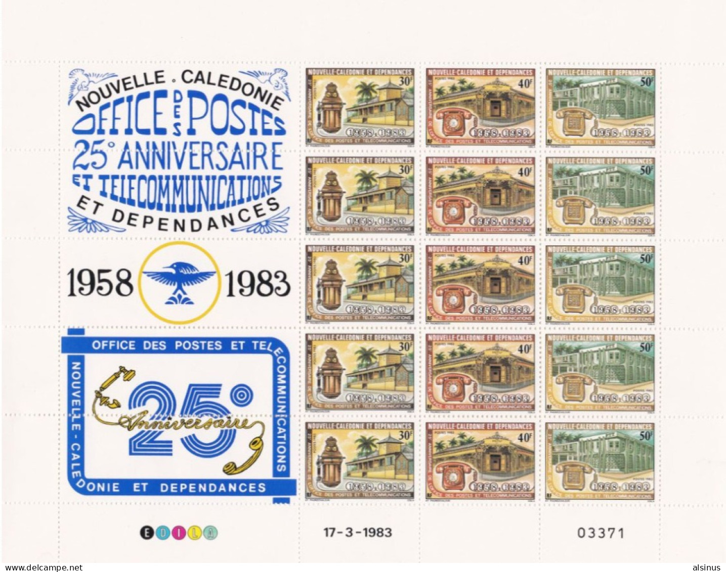 NOUVELLE CALEDONIE - 25e ANNIVERSAIRE POSTES & TELECOMMUCATIONS- N° 474A - FEUILLET DE 5 BANDES DES 3 TIMBRES - Unused Stamps