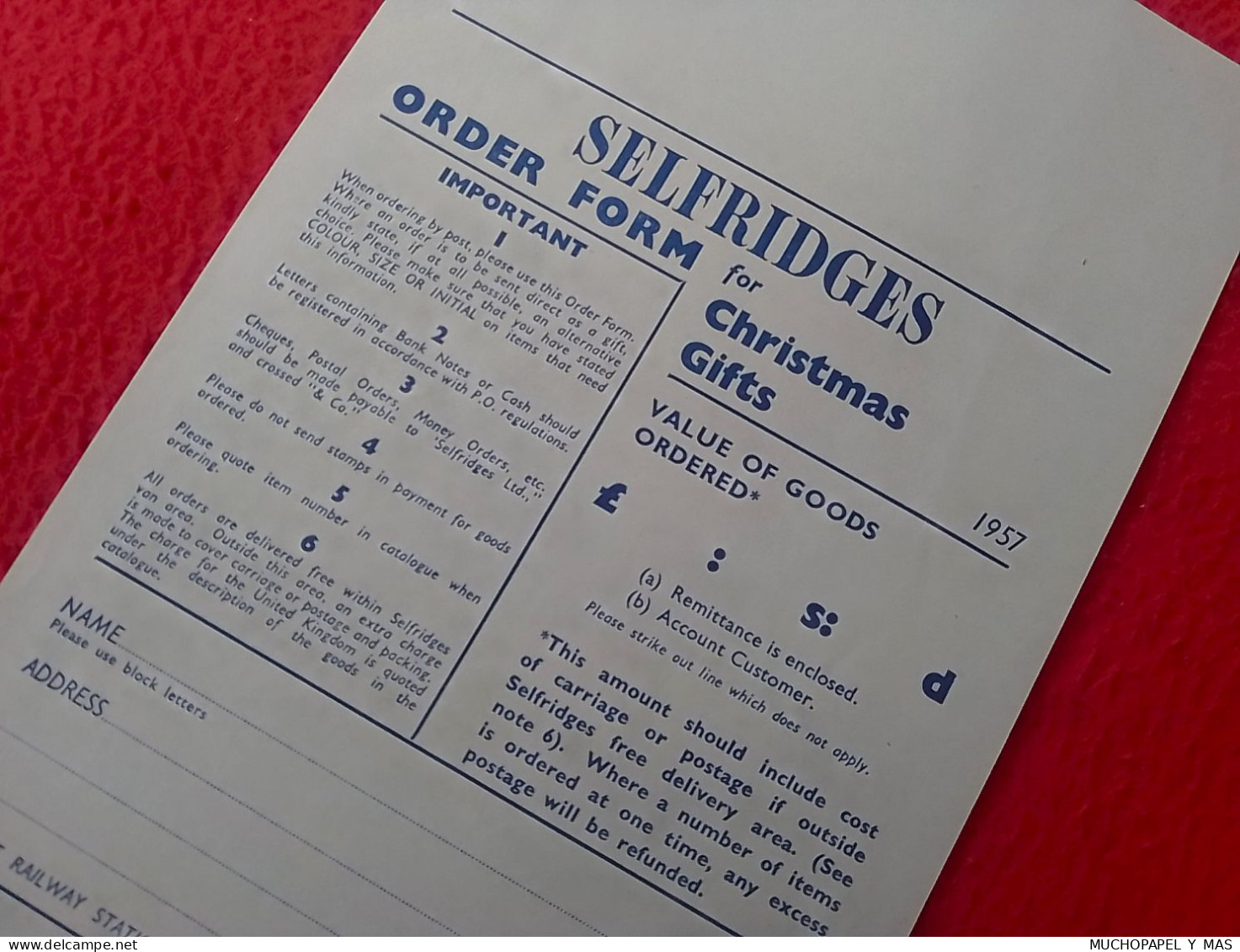 ANTIGUO FORMULARIO ORDEN HOJA DE PEDIDO ORDER FORM SELFRIDGES LONDON LONDRES FOR CHRISTMAS GIFTS 1957..UK ENGLAND STORE. - Royaume-Uni