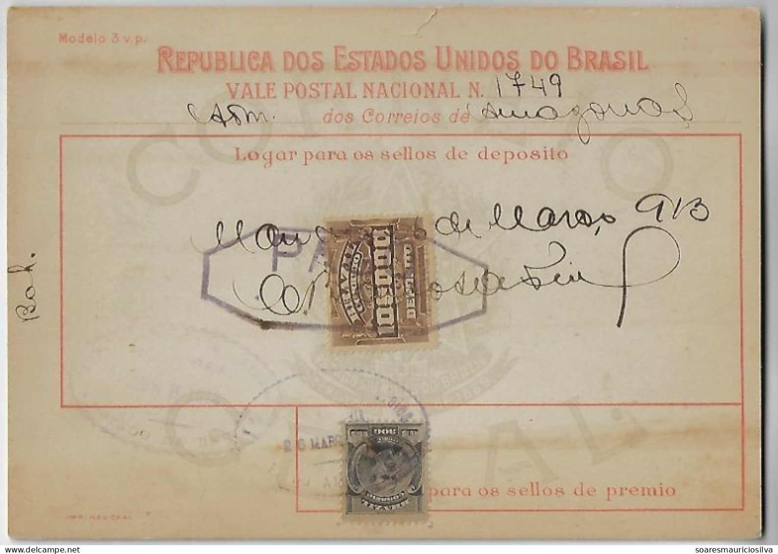 Brazil 1913 Money Order From Amazonas To Bahia Vale Postal Stamp 10$000 Definitive President Floriano Peixoto 300 Réis - Brieven En Documenten