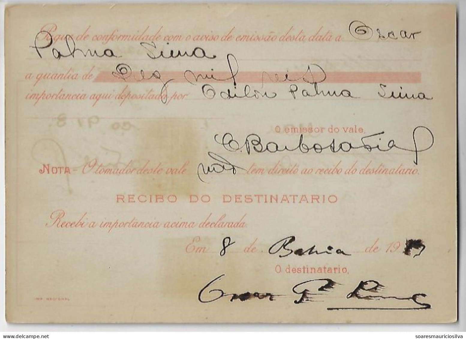 Brazil 1913 Money Order From Amazonas To Bahia Vale Postal Stamp 10$000 Definitive President Floriano Peixoto 300 Réis - Briefe U. Dokumente