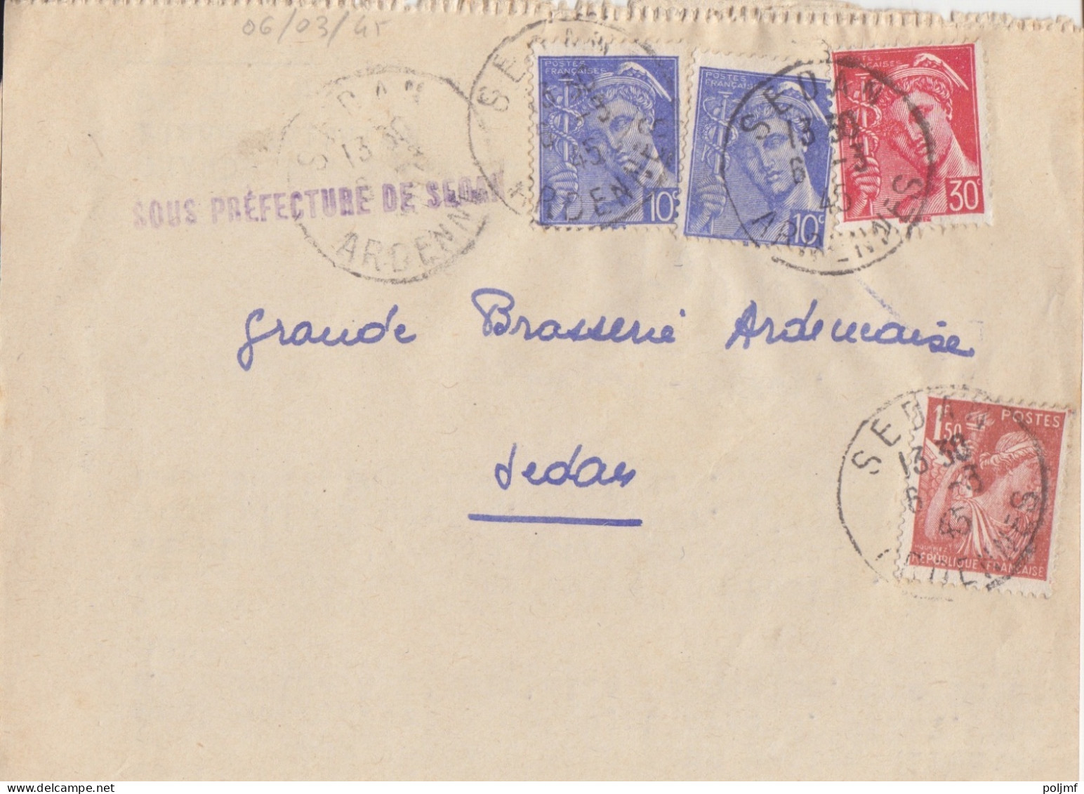 Lettre De Sous-Préfecture Obl. Sedan Le 6/3/45 Sur 10c Et 30c Mercure N° 546, 547 Et 1f50 Iris N° 652 (tarif Du 1/3/45) - 1938-42 Mercure