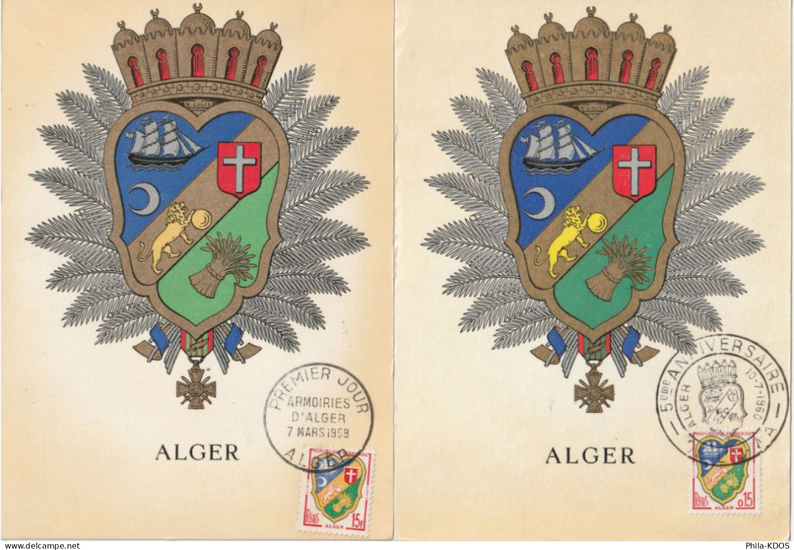 " BLASON D'ALGER " Sur 2 Cartes (1 Maximum Et 1 Commémorative) De 1961. N° YT 1232 Parfait état CM à Saisir !!! - Sonstige & Ohne Zuordnung