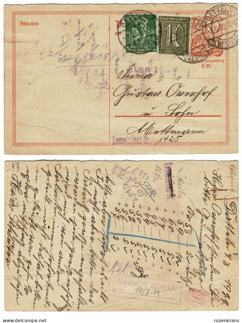 EP E.P. Entier Postale Ganzsache Carte-lettre DEUTSCHES REICH 1922 DATTELN - Buste