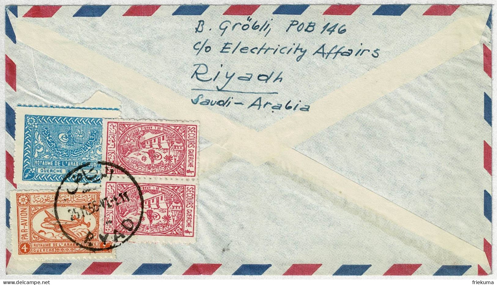 Saudiarabien / Saudi-Arabia 1956, Luftpostbrief / Air Mail Ryad - Döttingen (Schweiz), Frankatur Rückseite - Arabie Saoudite