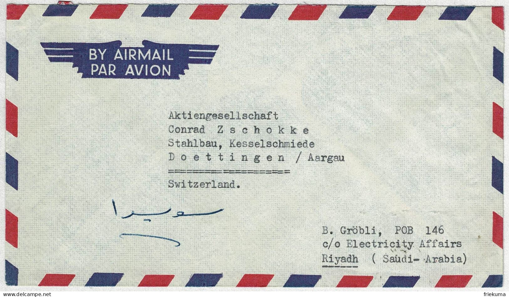 Saudiarabien / Saudi-Arabia 1956, Luftpostbrief / Air Mail Ryad - Döttingen (Schweiz), Frankatur Rückseite - Arabie Saoudite