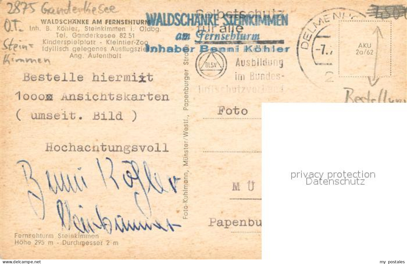 73694805 Steinkimmen Waldschaenke Am Fernsehturm Bestellung Mit Signatur Des Wir - Ganderkesee