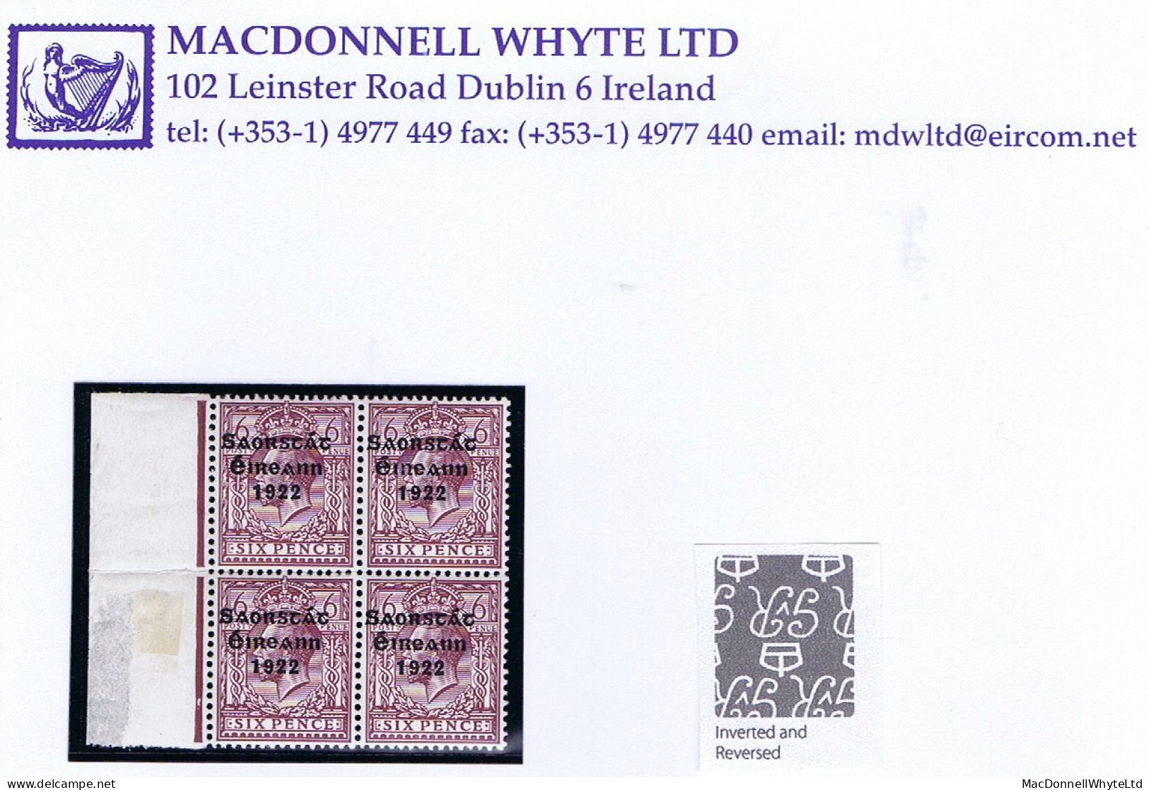 Ireland 1922-23 Thom Saorstát 3-line Overprint In Red On 6d Purple, Watermark Inverted And Reversed, Block Of 4 Mint - Ungebraucht