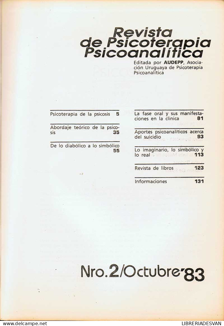 Revista De Psicoterapia Psicoanalítica. Tomo I. Nº 2. Octubre 1983 - Unclassified