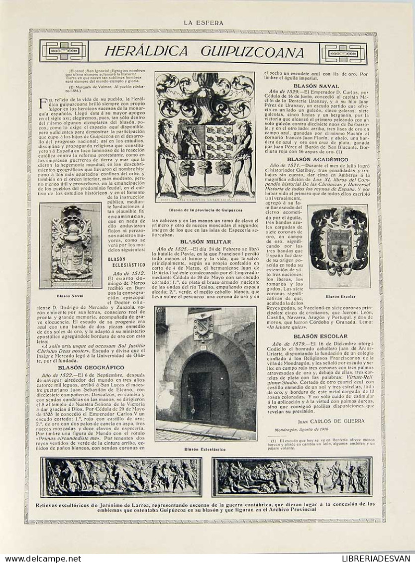 Recorte Revista La Esfera 1916. Heráldica Guipuzcoana - Juan Carlos De Guerra - Unclassified