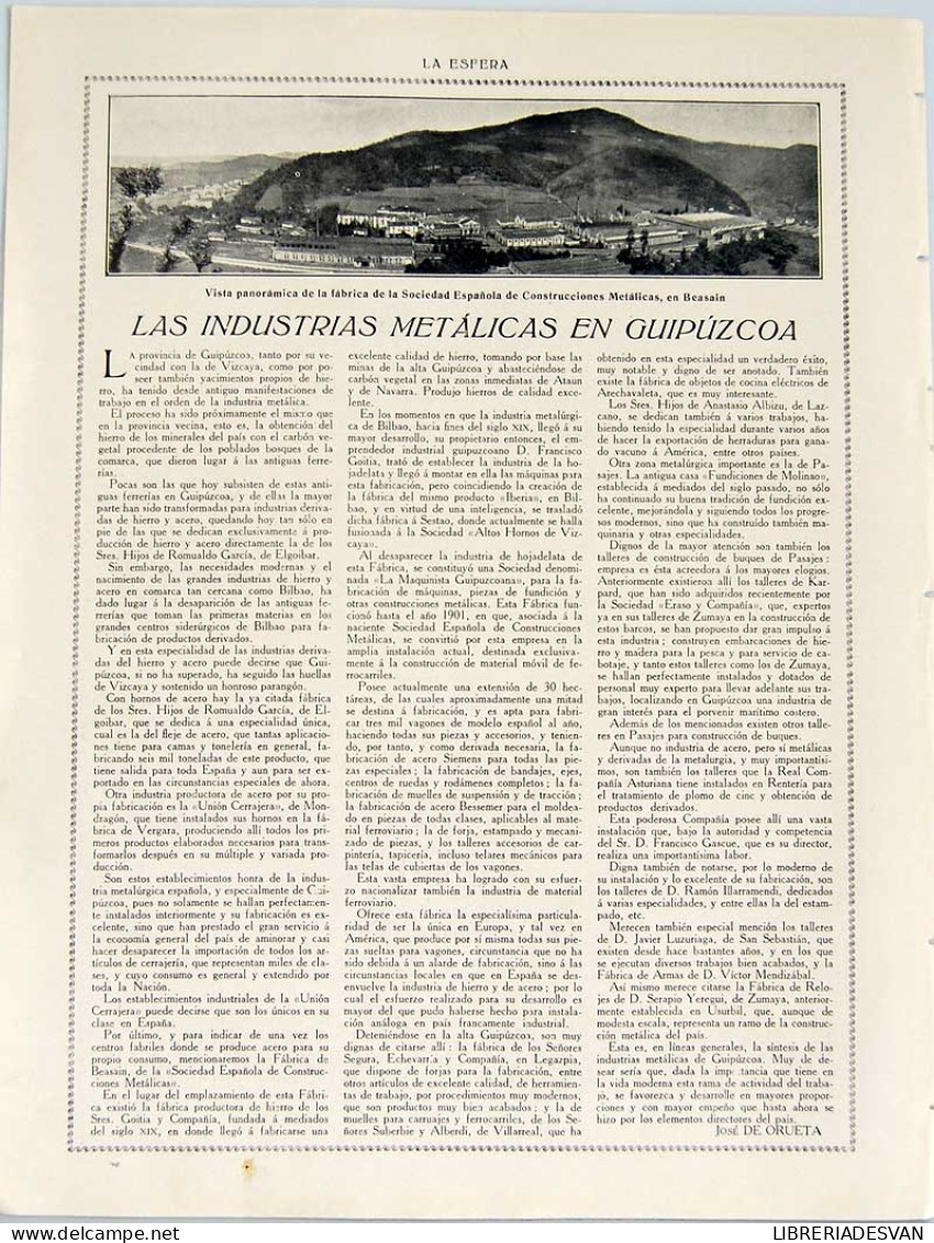 Recorte Revista La Esfera 1916. Las Industrias Metálicas En Guipúzcoa - José De Orueta - Unclassified